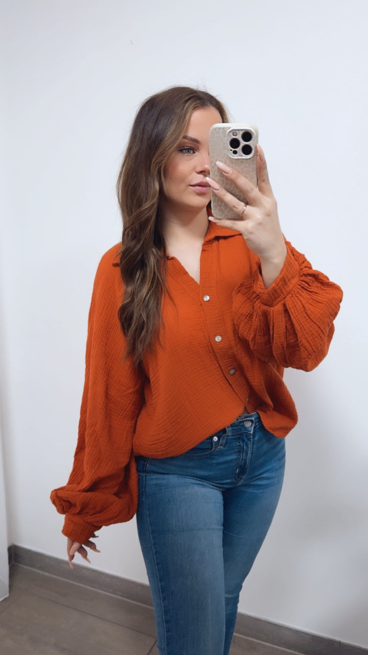 KURZE Oversize Musselin Bluse BALLONÄRMEL / orange Art. 14724