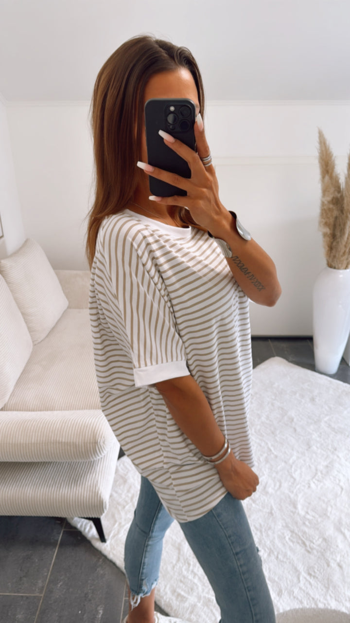 STREIFEN Vokuhila Long T-Shirt / weiss - beige Art. 9980