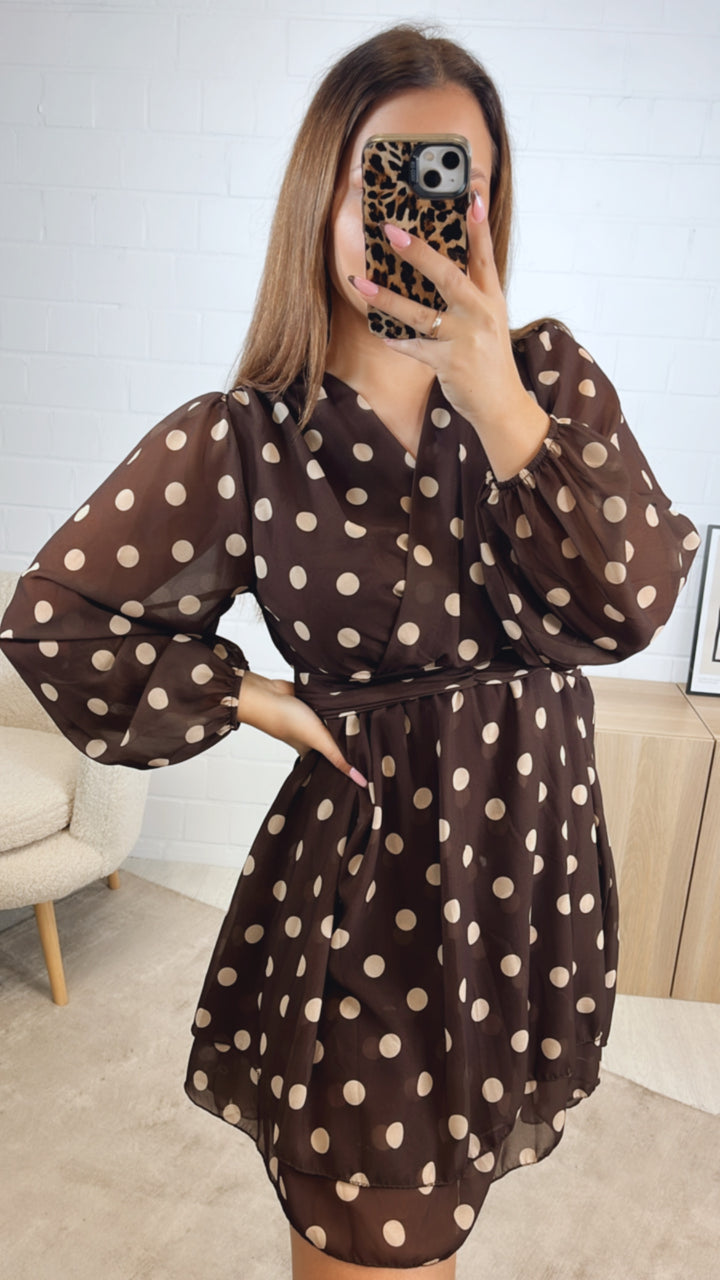 PUNKTE Chiffon Kleid / dunkel braun - creme Art. 12768