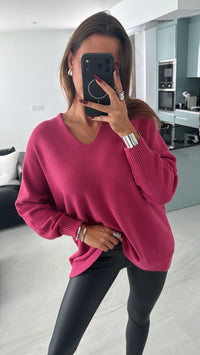 Viskose Mix Pullover mit V-Ausschnitt / pink-Beere Art. 16243