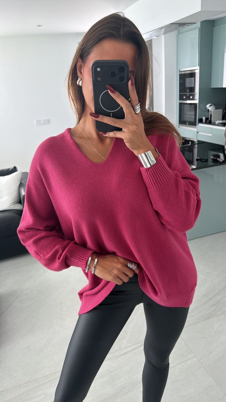 Viskose Mix Pullover mit V-Ausschnitt / pink-Beere Art. 16243