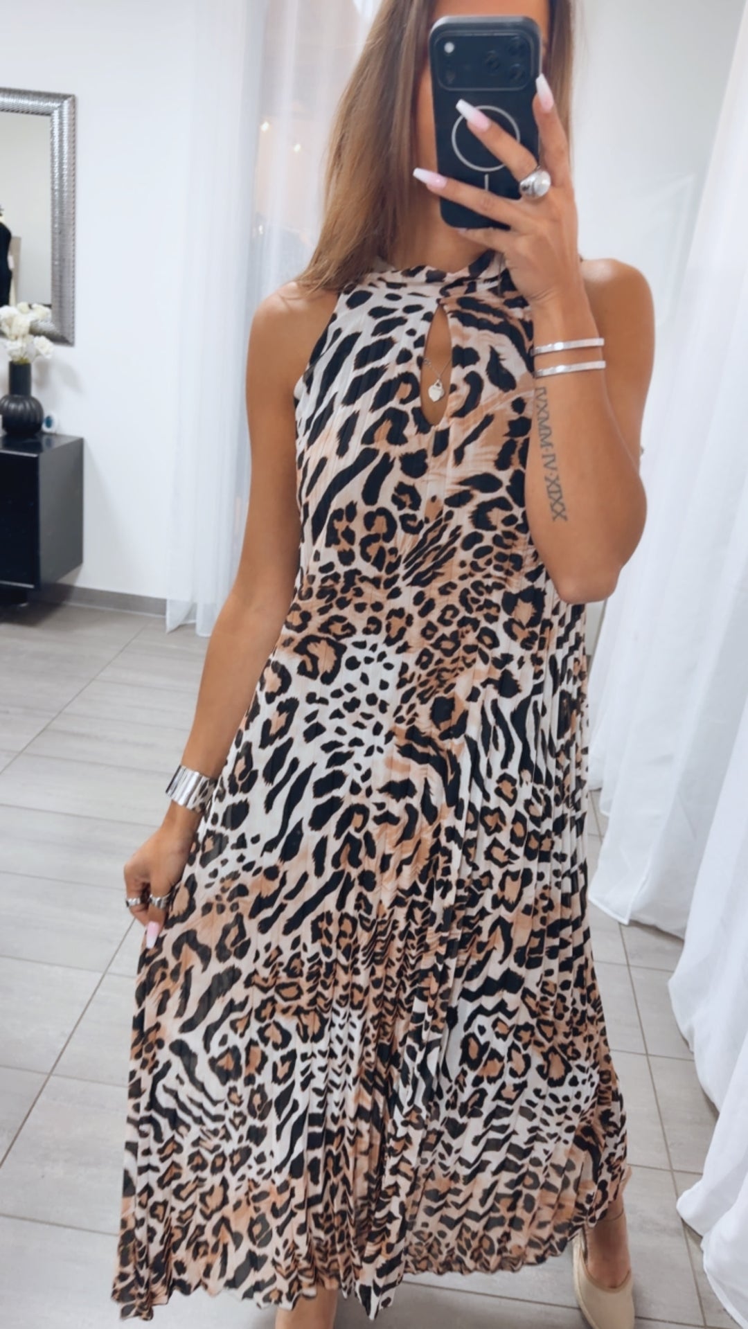 PLISSEE MAXI Kleid Leo / creme - braun - schwarz Art.15109