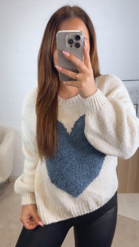 Strick Pullover mit Teddy Herz / creme - denim blau Art. 13085
