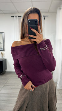 kurzer Strick Pullover mit variablem Schalkragen / aubergine Art. 16720