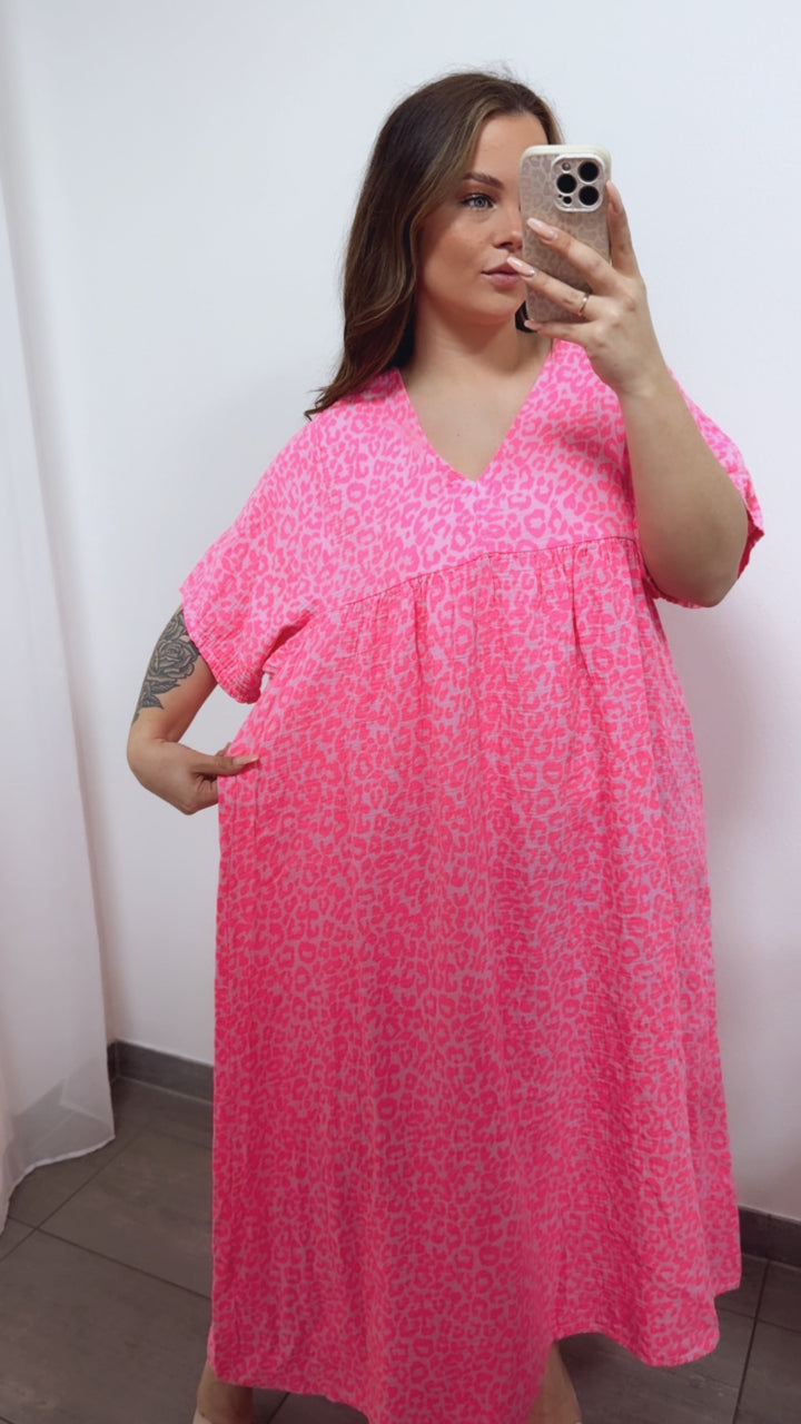 LEO langes Musselin Kleid, kurze Ärmel / rosa - Neon pink Art. 14690