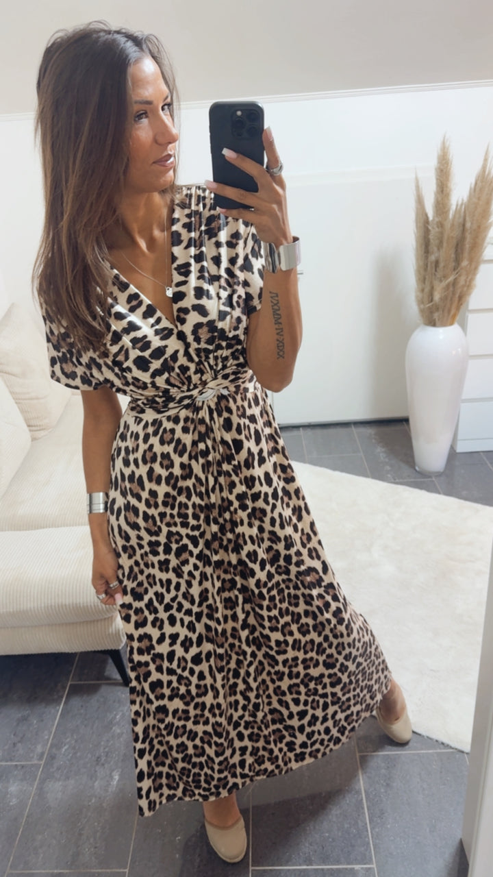 MAXI Leo Kleid mit T-Shirt Ärmeln und raffiniertem Brustbereich / beige - braun - schwarz Art.14816