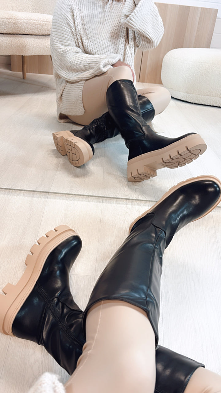 Stiefel in Lederlook mit heller Sohle " A-839B " / schwarz - creme Art. 8337