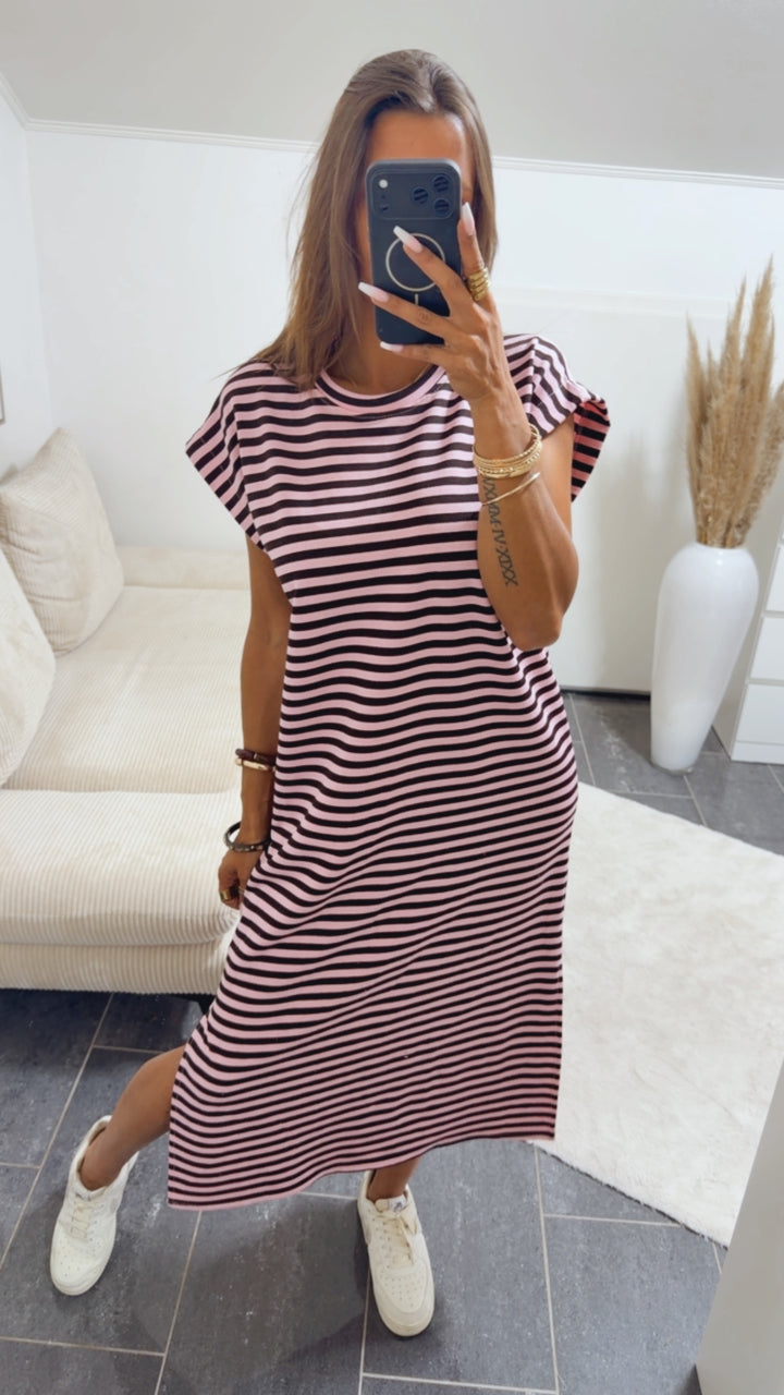 GESTREIFTES MIDI T-Shirt Kleid / dunkel braun - rosa Art.15177