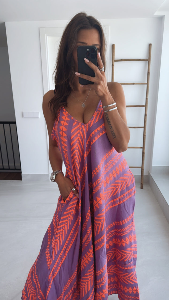 (Maxi-) PREMIUM Summer Vibe Kleid / Hängerchen / lila - neon coral Art. 9575