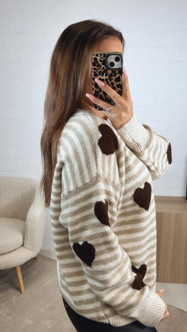 STREIFEN - HERZEN Strick Pullover / beige - schoko braun - creme Art.