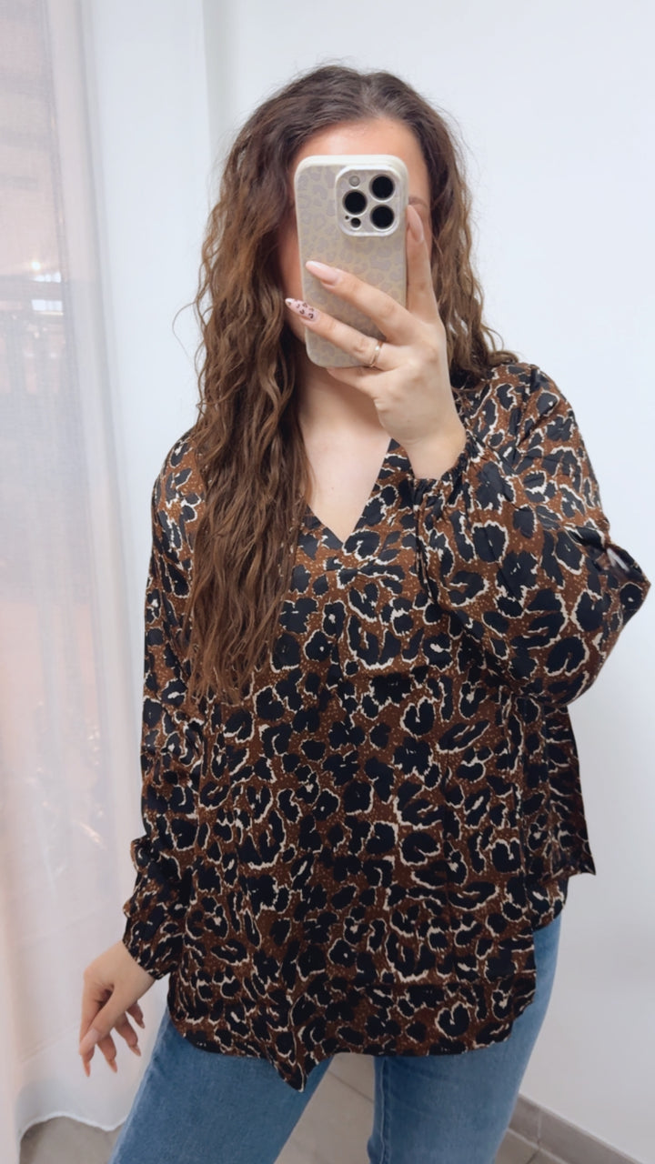 V-AUSSCHNITT leichte LEO Bluse / braun - schwarz - creme Art. 14100