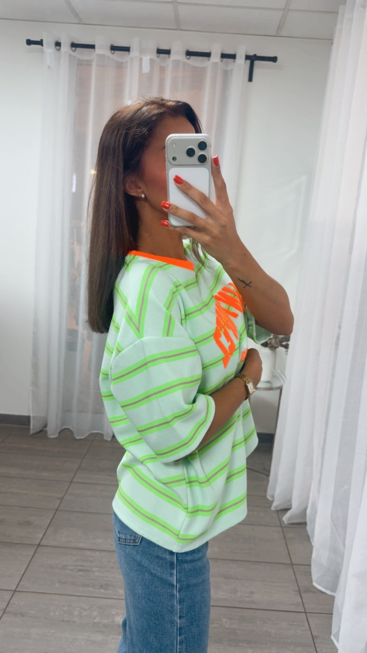 Oversize Shirt mit Neonakzenten, Streifen / mint - neon grün - neon orange - flieder Art. 15918