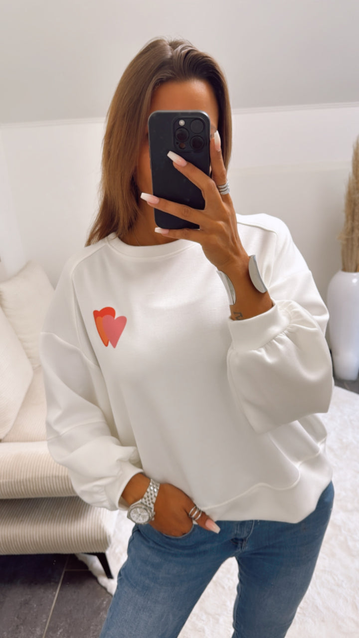 kürzerer Pullover " HEART only positive vibes" / weiss Art. 10859