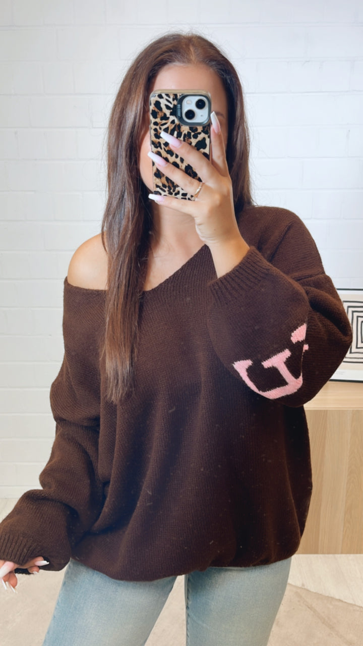 Strick Pullover "Namaste" / dunkel braun - soft pink Art. 11233