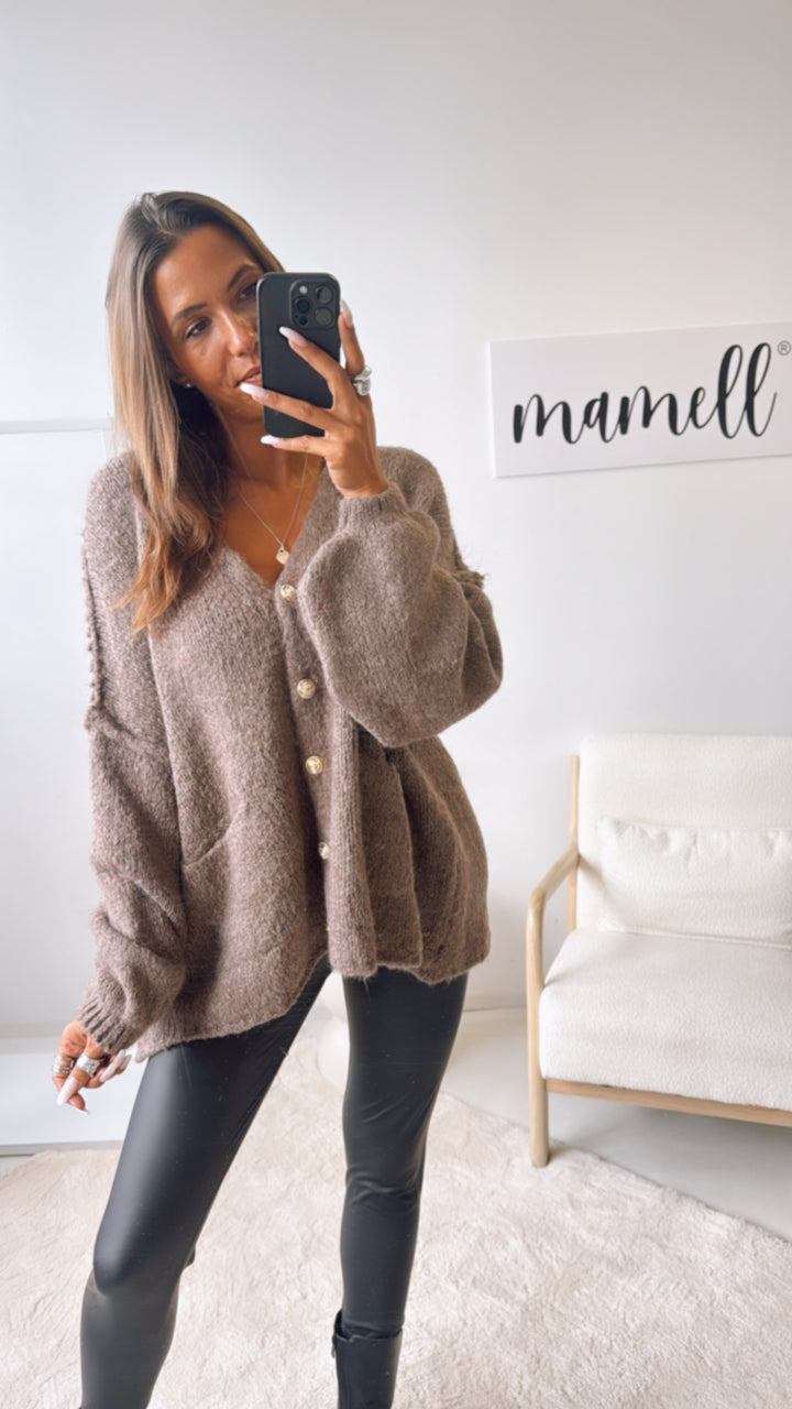 V-AUSSCHNITT Kuschel Cardigan mit goldenen Knöpfen und Taschen / braun meliert Art.122321