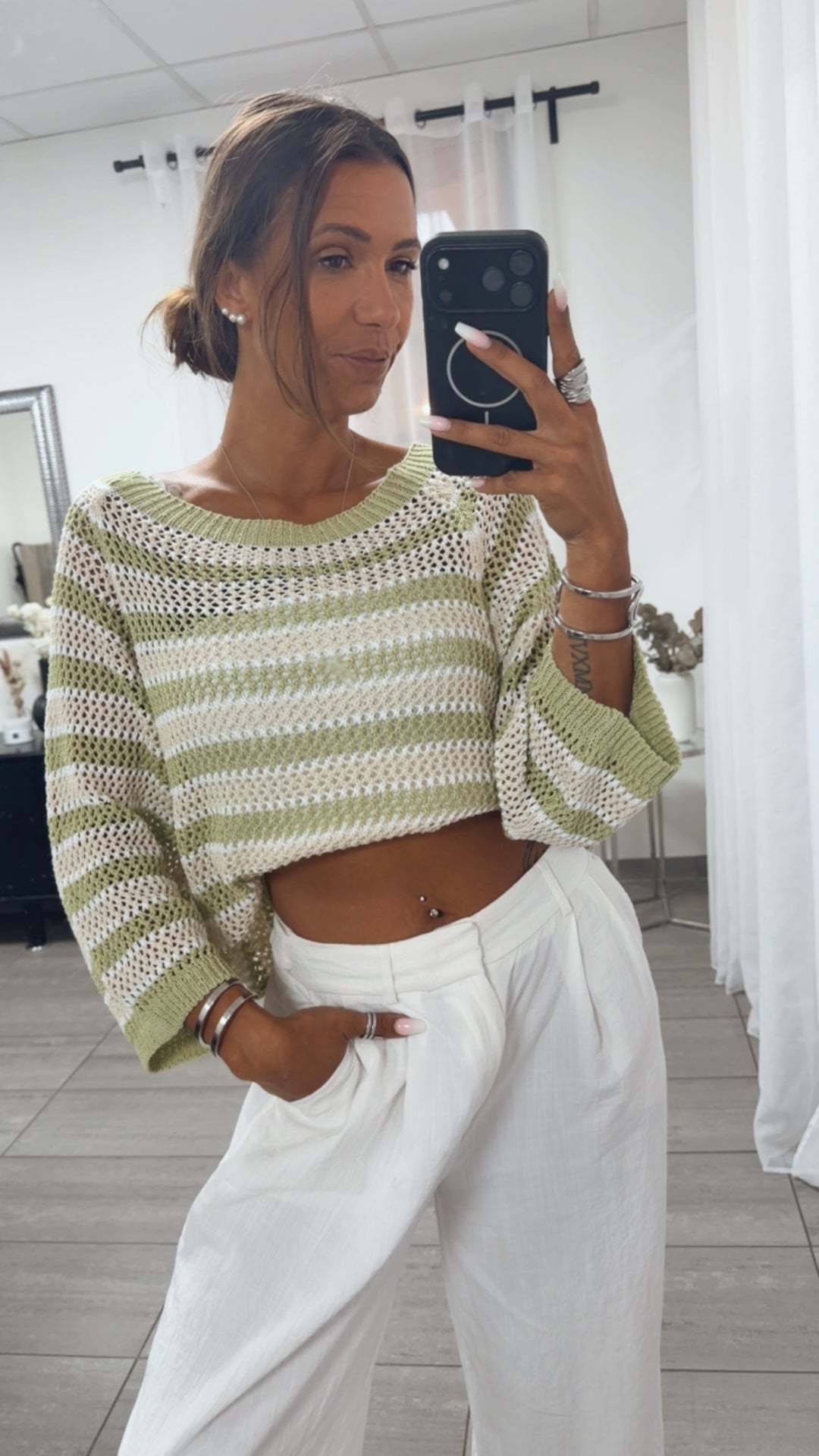 Luftiger, fester Streifen Strick Pullover / matcha - beige - weiß Art.15654