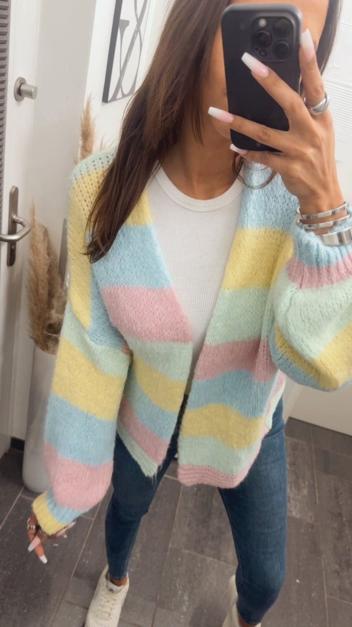 Offener Pastell Streifen Cardigan / rosa - blau - gelb - mint Art. 14278
