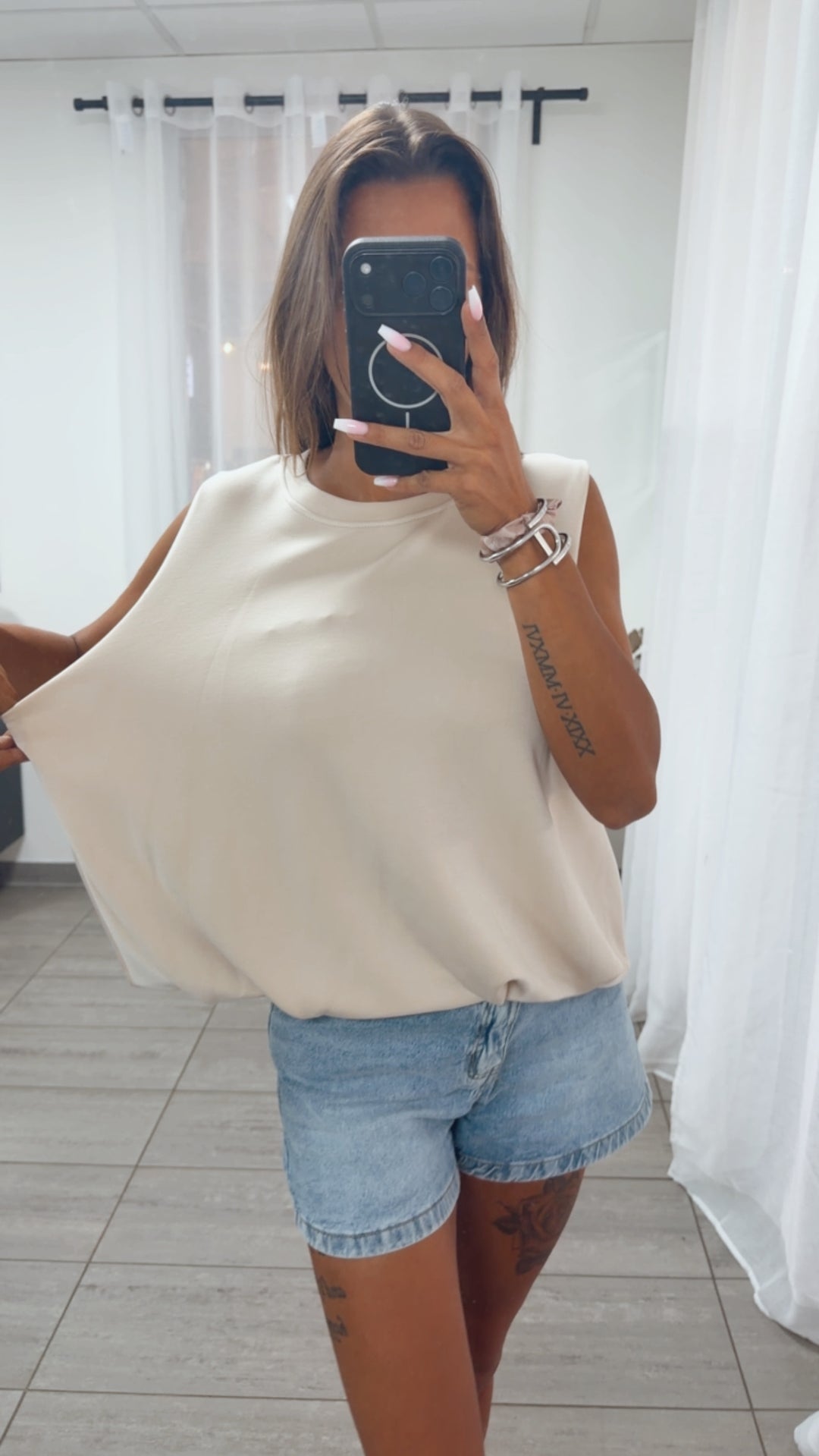 oversize Butterstoff Top, Ballonsaum / creme beige Art. 15957