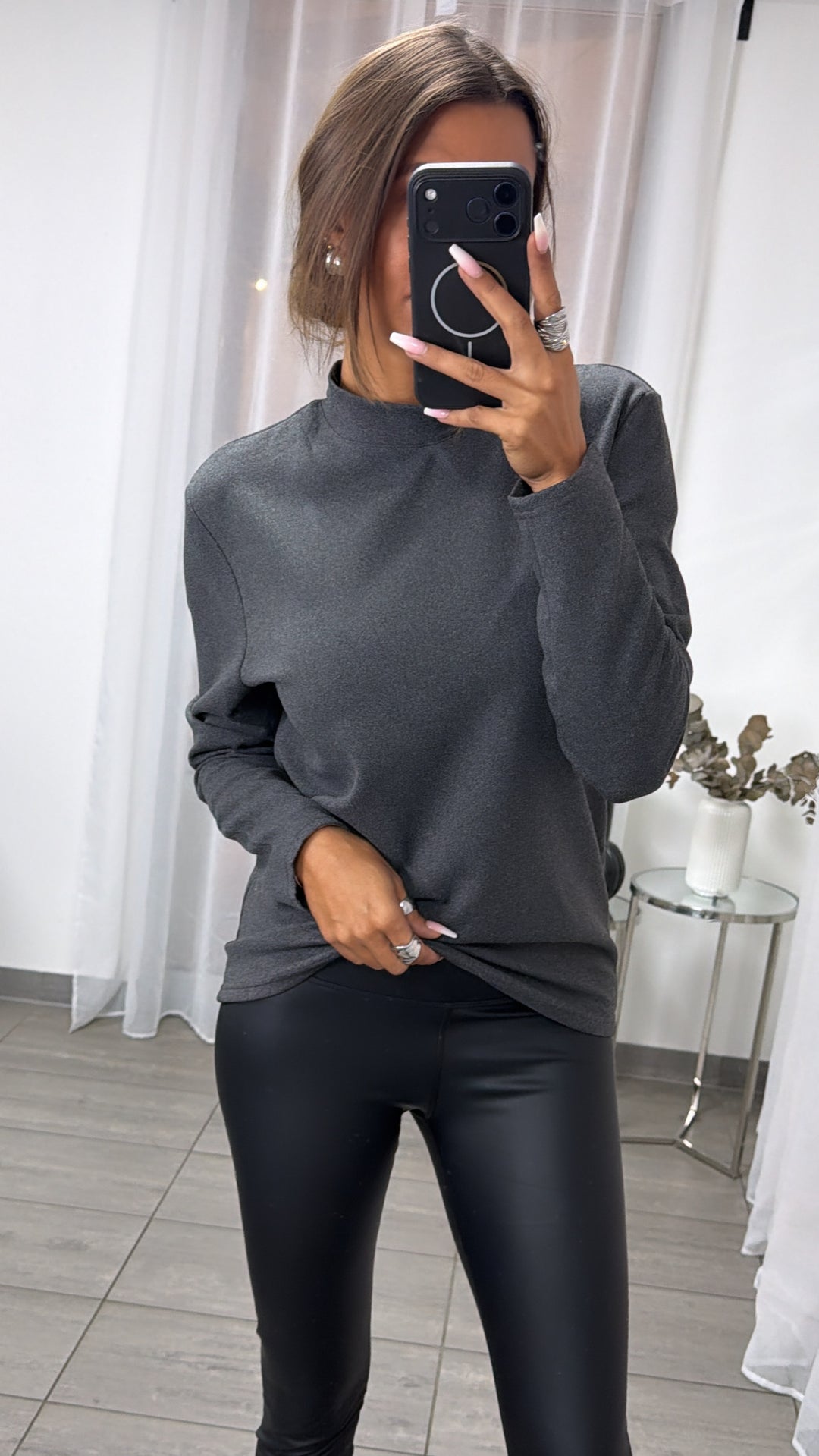 Softer Oversize Long Pullover mit leichtem Stehkragen / dunkel grau Art.16386