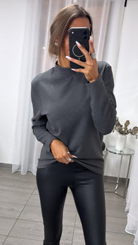 Softer Oversize Long Pullover mit leichtem Stehkragen / dunkel grau Art.16386
