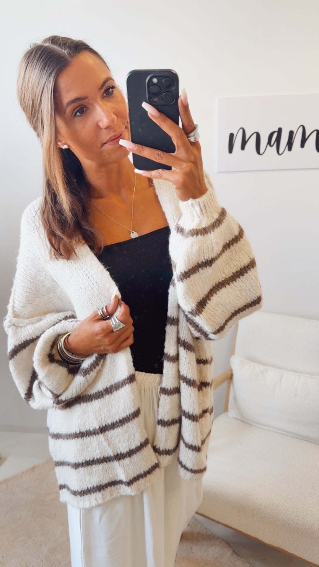 offener Strick Cardigan mit Streifen / wollweiss - taupe Art. 12476