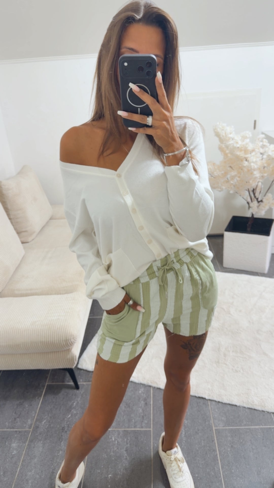 STREIFEN Musselin Shorts / soft salbei - weiss Art. 15785