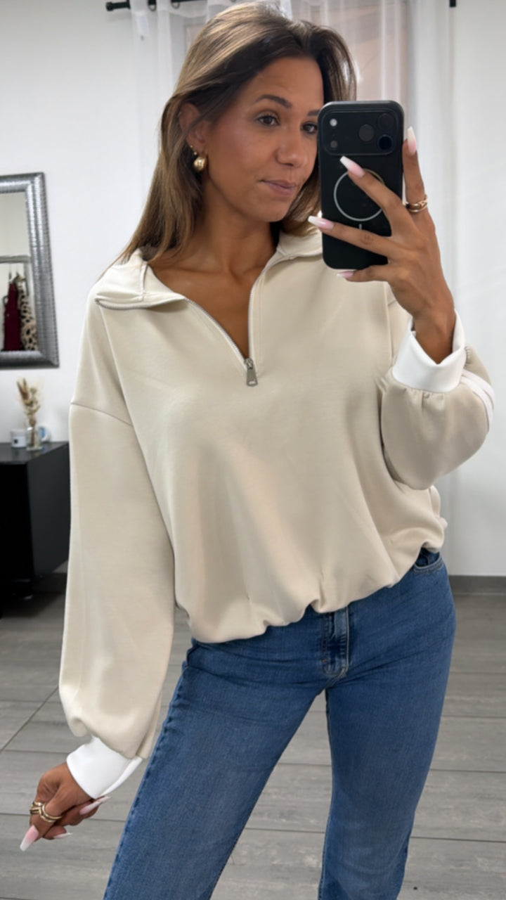 Half - Zip Sweater mit Kontraststreifen / beige - weiss Art. 16190