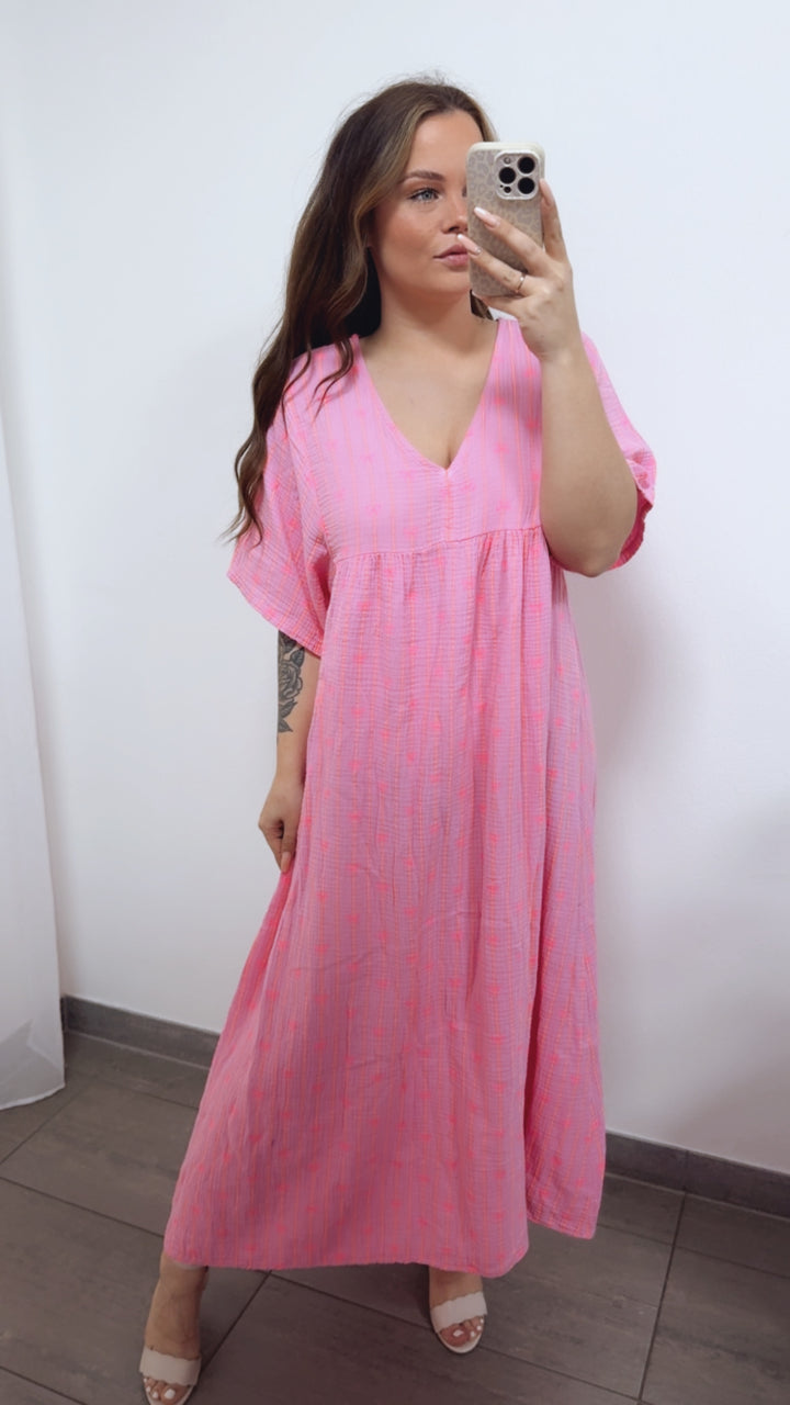 SCHLEIFEN - STREIFEN langes Musselin Kleid, kurze Ärmel / rosa - Neon pink - orange Art. 14691