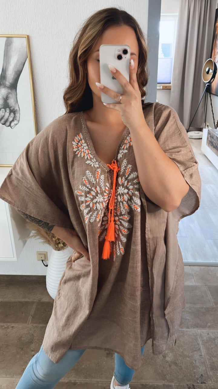 Tunika mit gehäkelten Akzenten / taupe - weiss - neon orange Art. 9734
