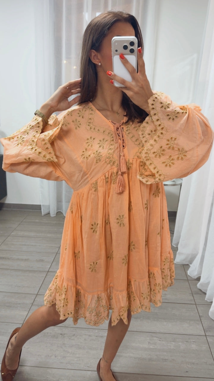 besticktes Boho Kleid " golden bloom " / soft apricot Art. 15539