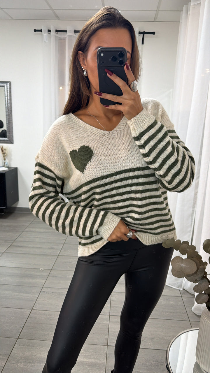 STREIFEN + HERZ Strick Pullover, V-Ausschnitt / creme - khaki Art. 16588