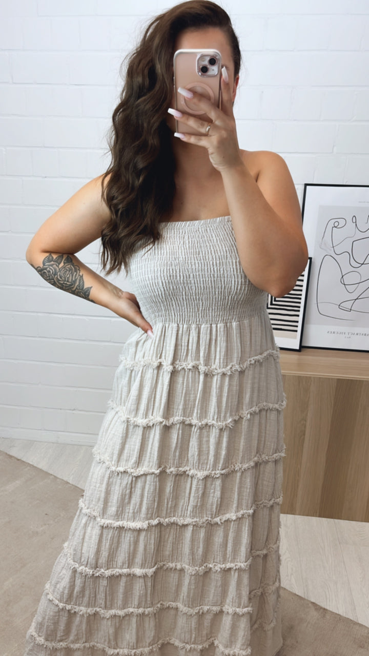 trägerloses (Maxi-) Kleid in Leinen Optik / beige Art. 10714