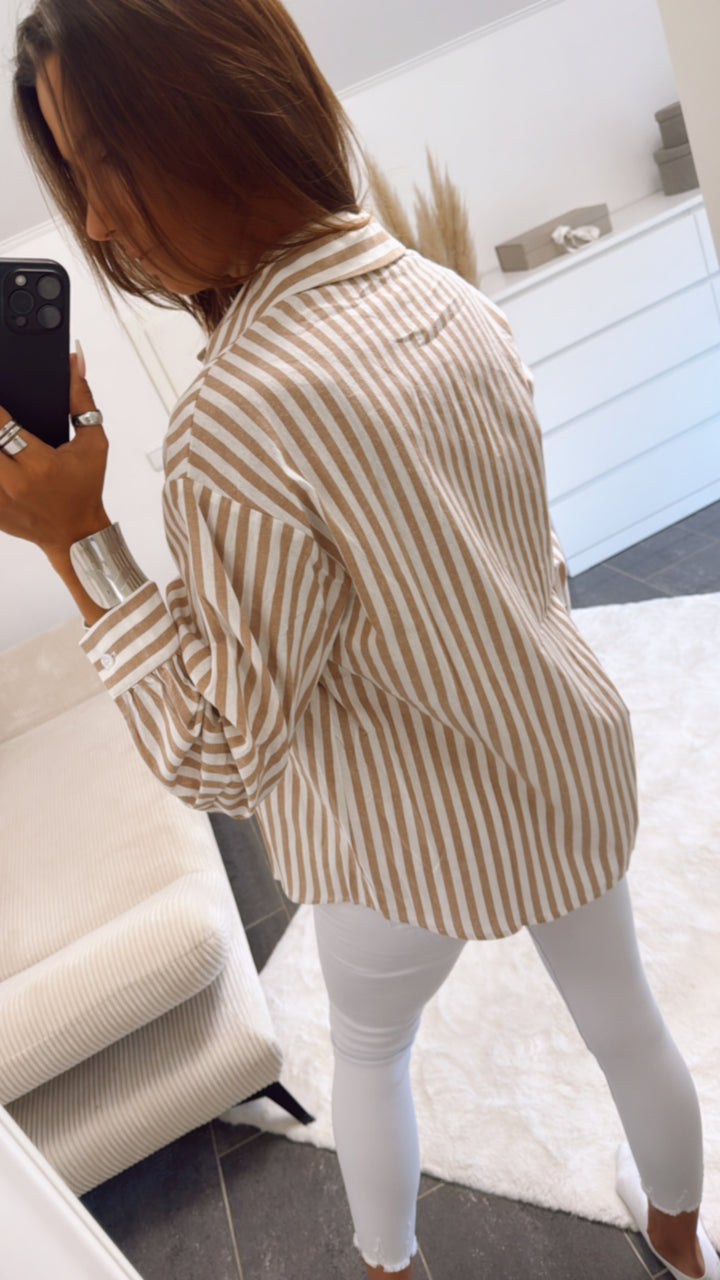 gestreifte Baumwoll Bluse, Leinen Look / beige - weiss Art. 10947
