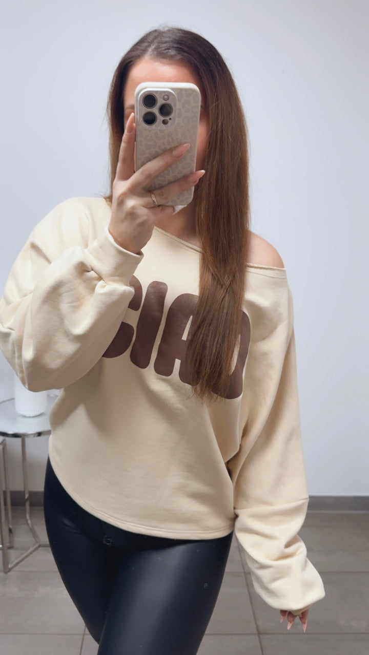 weiter Pullover " Ciao " / hell beige - braun Art. 13691