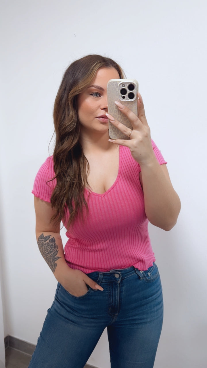 V-Ausschnitt Ripp T-Shirt / pink Art.14712