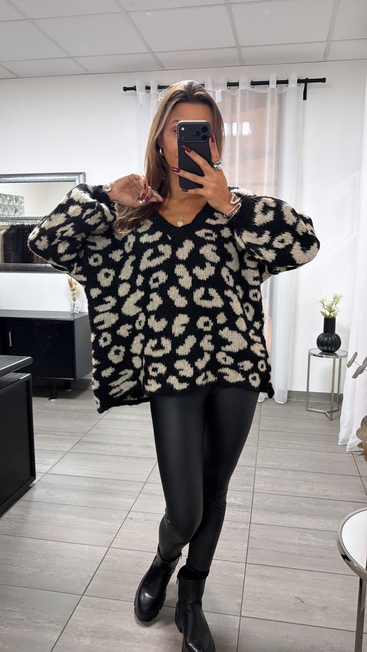 V-AUSSCHNITT LEO Oversize Kuschel - Pullover / schwarz - beige Art. 16698