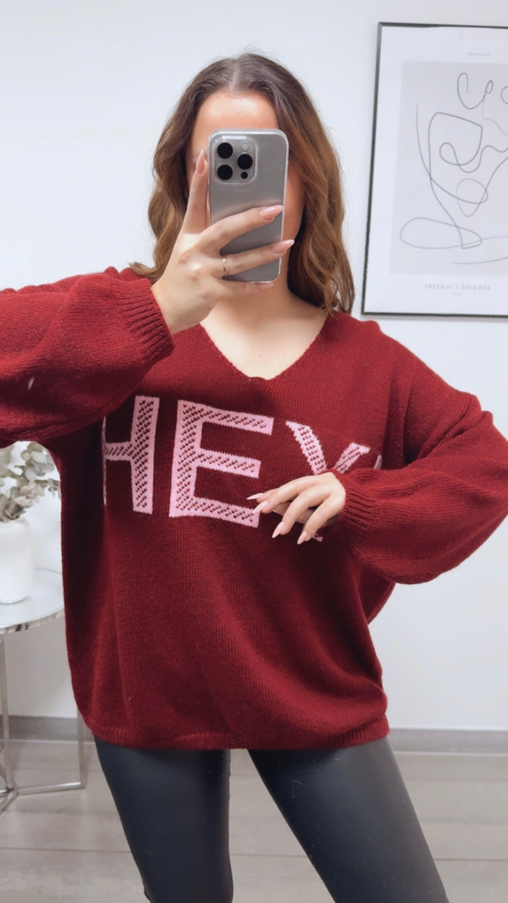 Strick Pullover " HEY ! " / bordeaux rot - pink Art. 13152