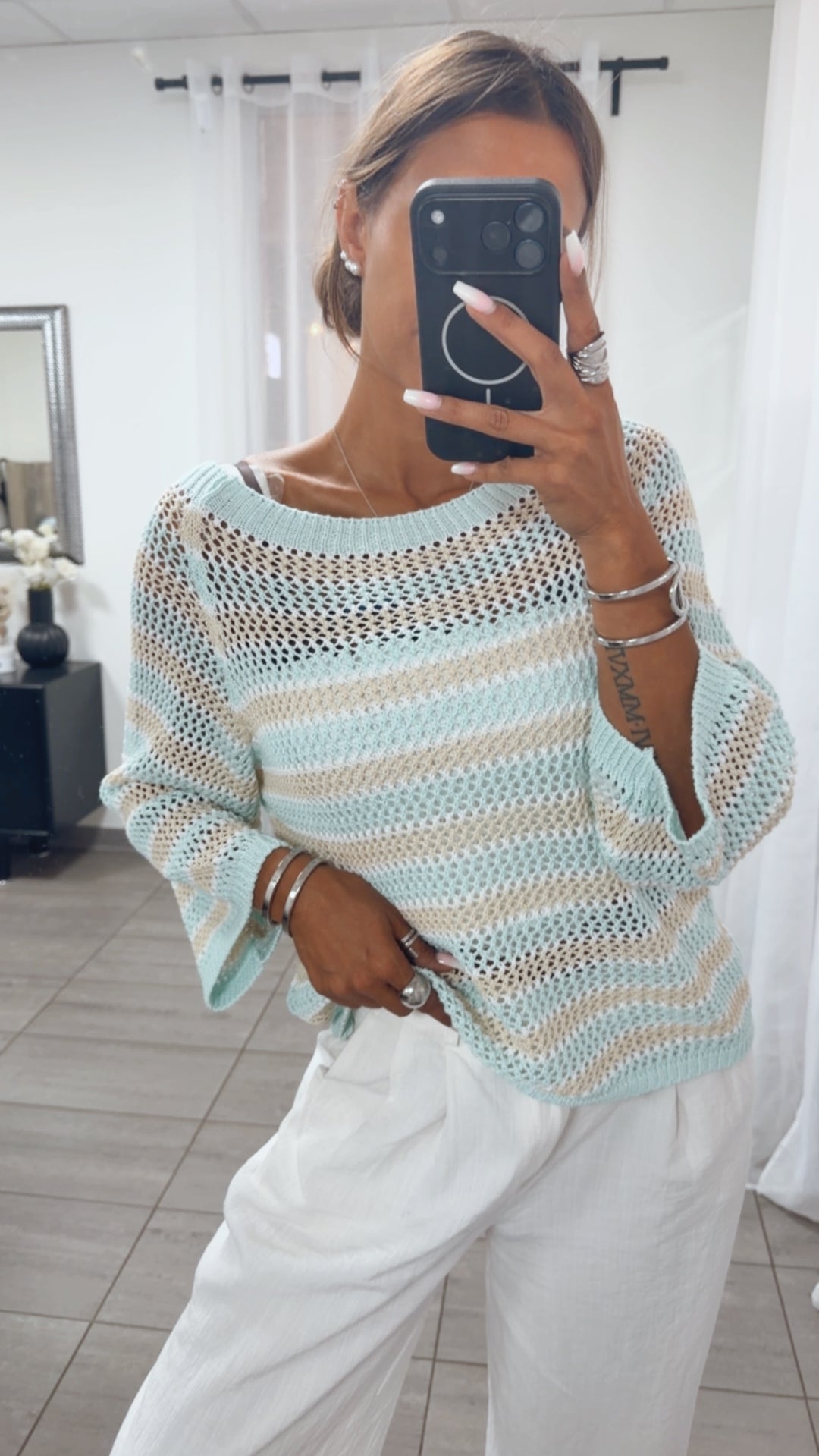 Luftiger, fester Streifen Strick Pullover / hell blau - beige - weiß Art.15652