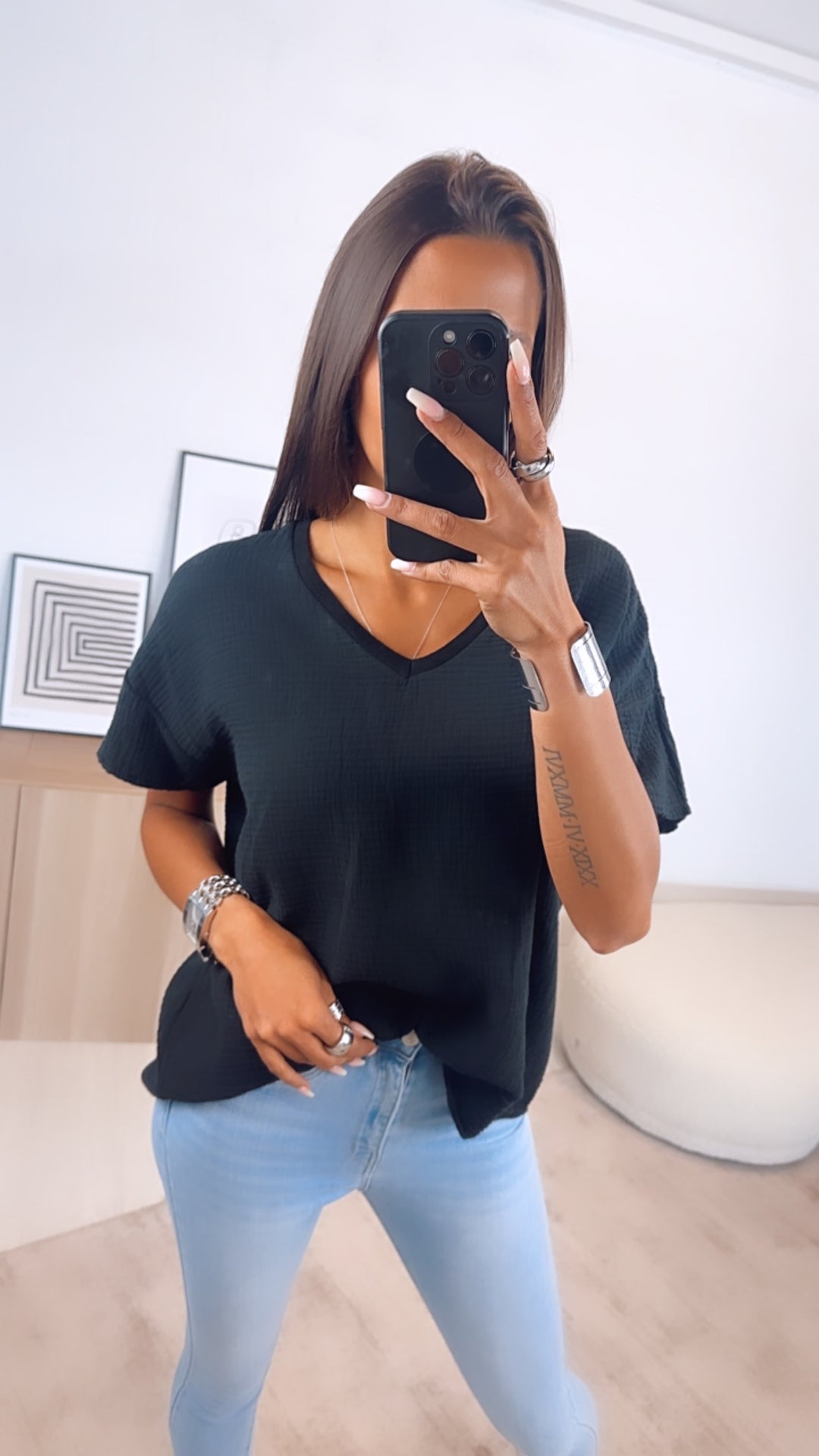 Musselin T-shirt, weiter Schnitt / schwarz Art. 6598