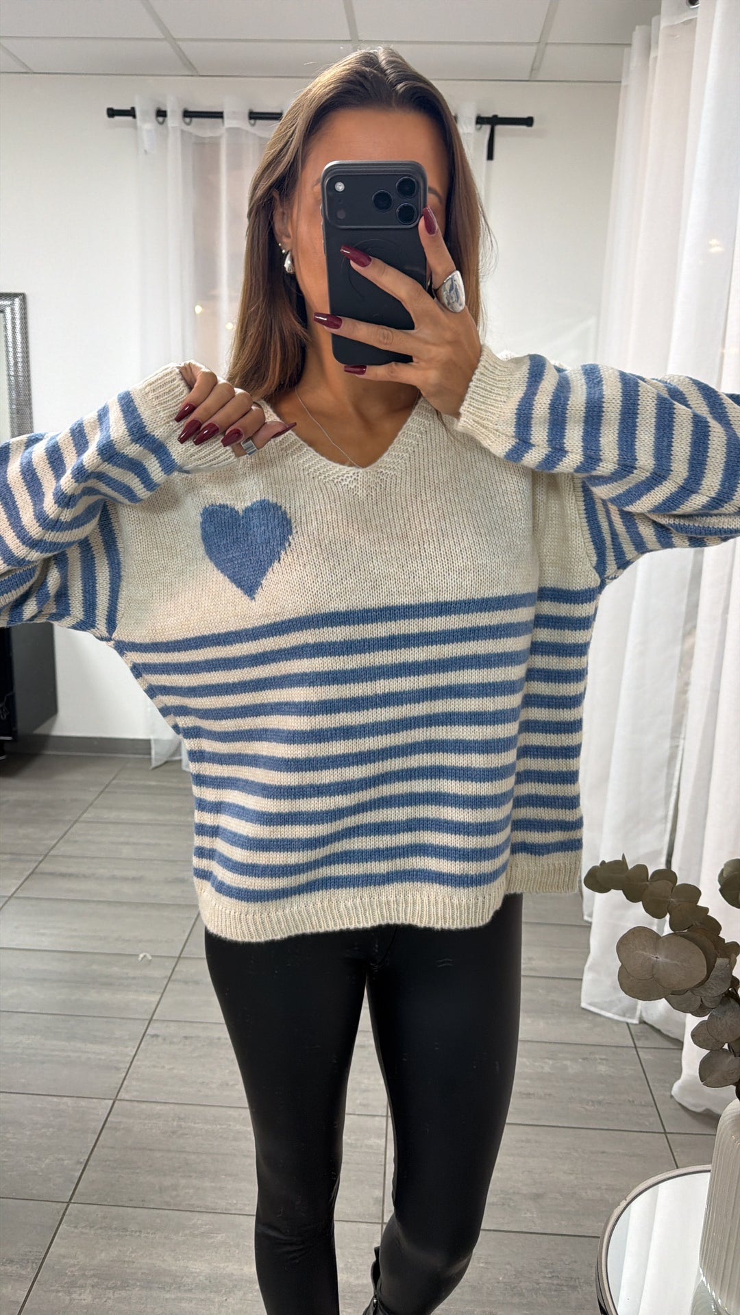 STREIFEN + HERZ Strick Pullover, V-Ausschnitt / creme - blau Art. 16586