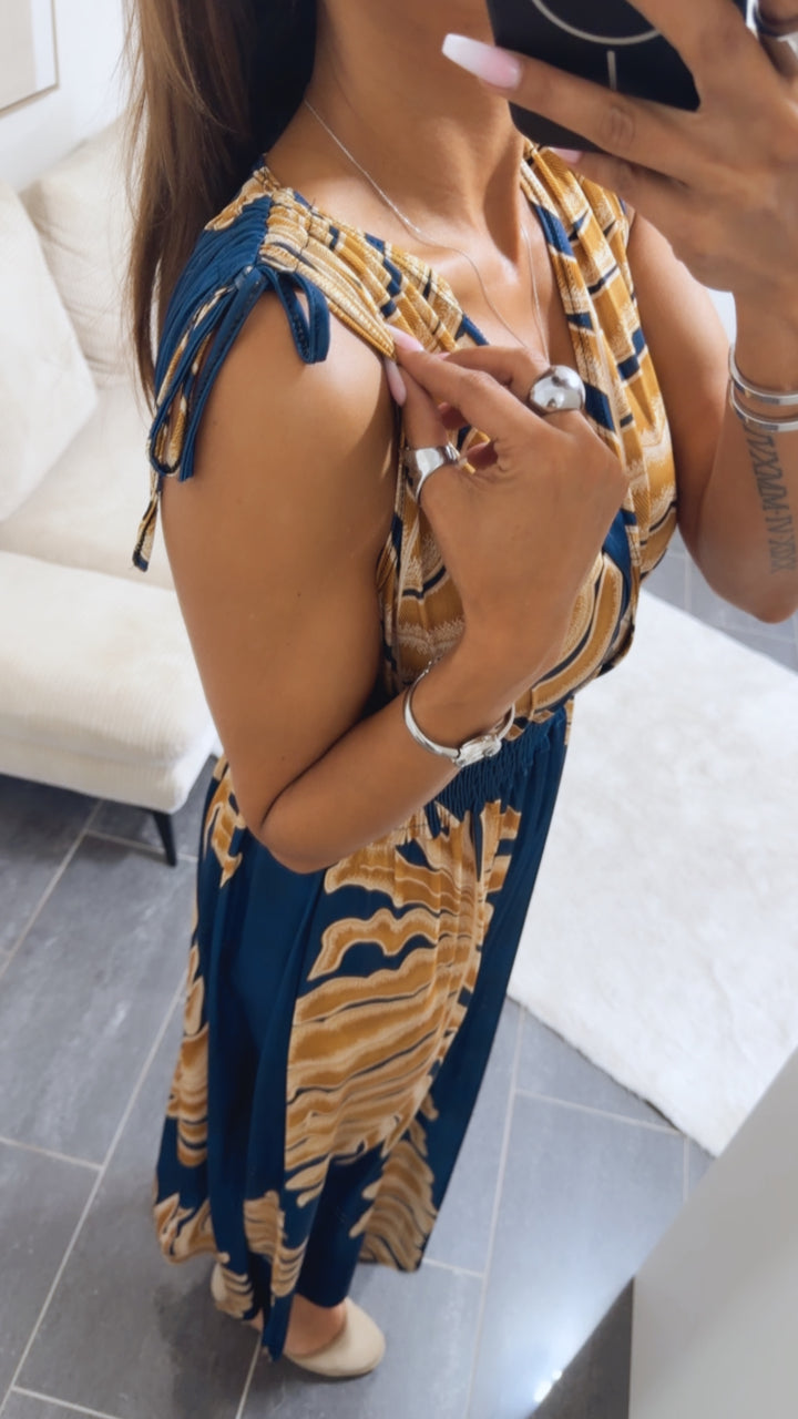 MAXI PALMEN Kleid mit breiten Trägern und geraffter Taille / blau - beige Art.15088
