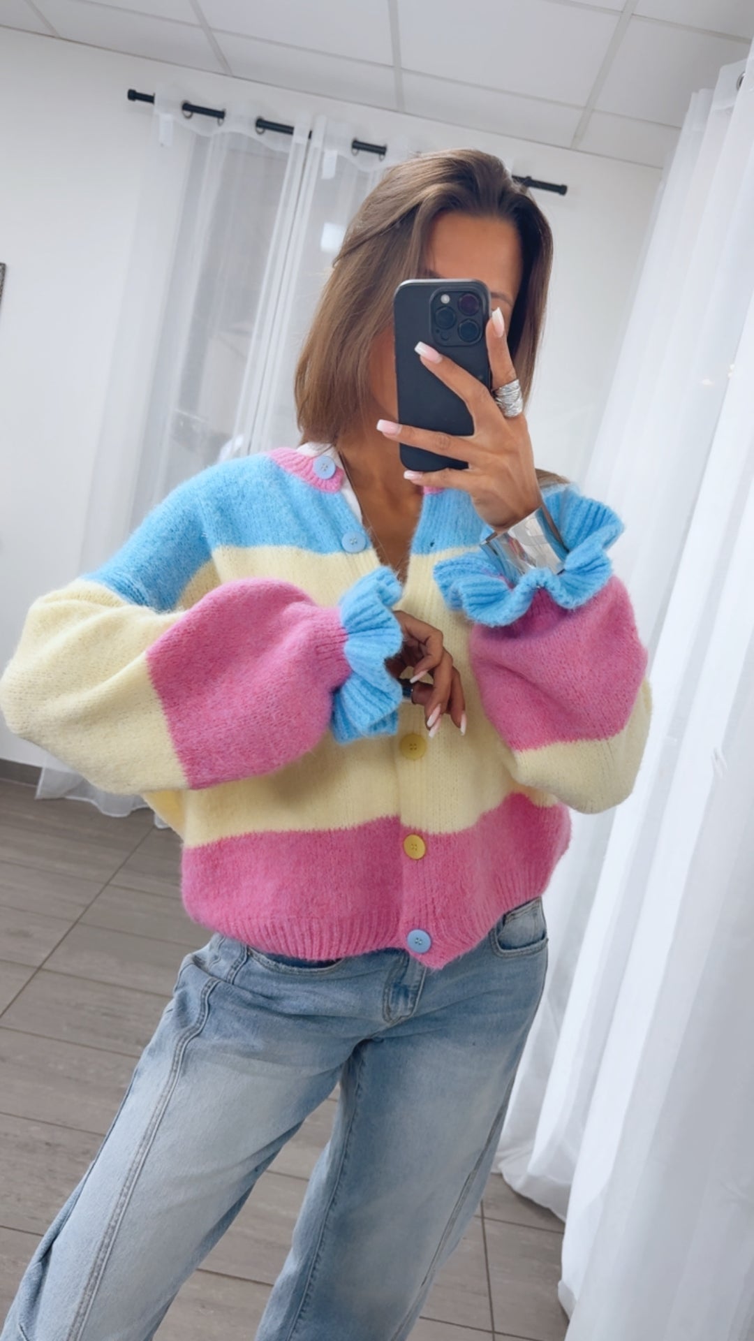 VOLANT ÄRMEL Cardigan, gestreift / pink - blau - gelb Art. 14154