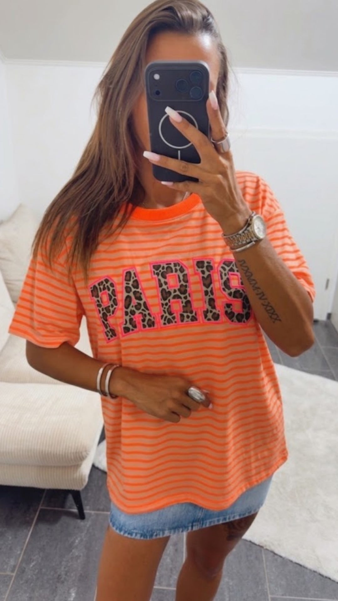STREIFEN Shirt " Leo PARIS " / beige - neon orange Art. 15469