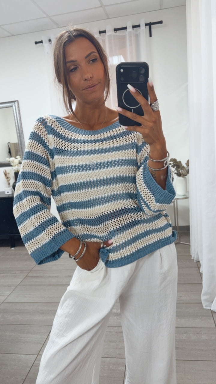Luftiger, fester Streifen Strick Pullover / denim blau - beige - weiß Art.15655