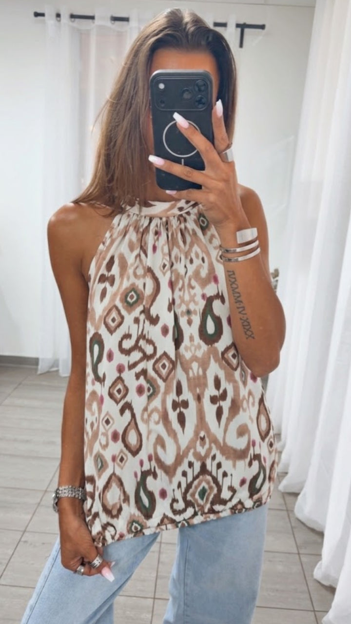 IKAT Look ärmelloses Top / weiss - beige - braun - rosa - khaki Art. 15341