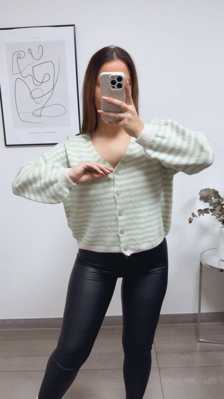 gestreifter Cardigan, Perlmutt Optik Knöpfe / mint - wollweiss Art. 13346