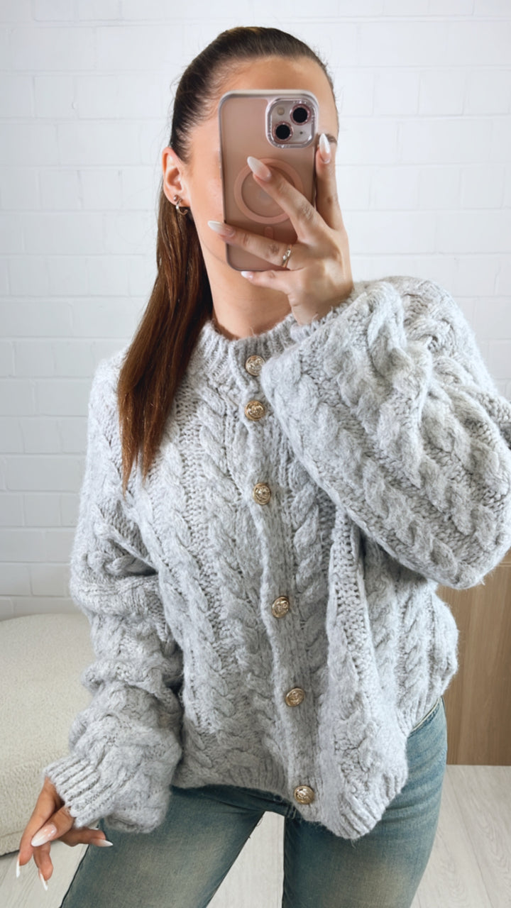 ZOPFMUSTER Strick Cardigan, goldene Knöpfe / hell grau Art. 9446