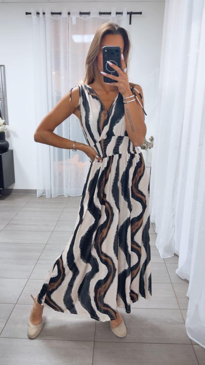 MAXI WELLEN Kleid mit breiten Trägern und geraffter Taille / beige - braun - schwarz Art.15060