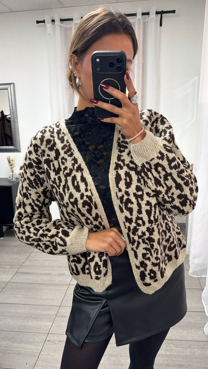 kurzer Leo Cardigan / beige - dunkel braun Art. 16076
