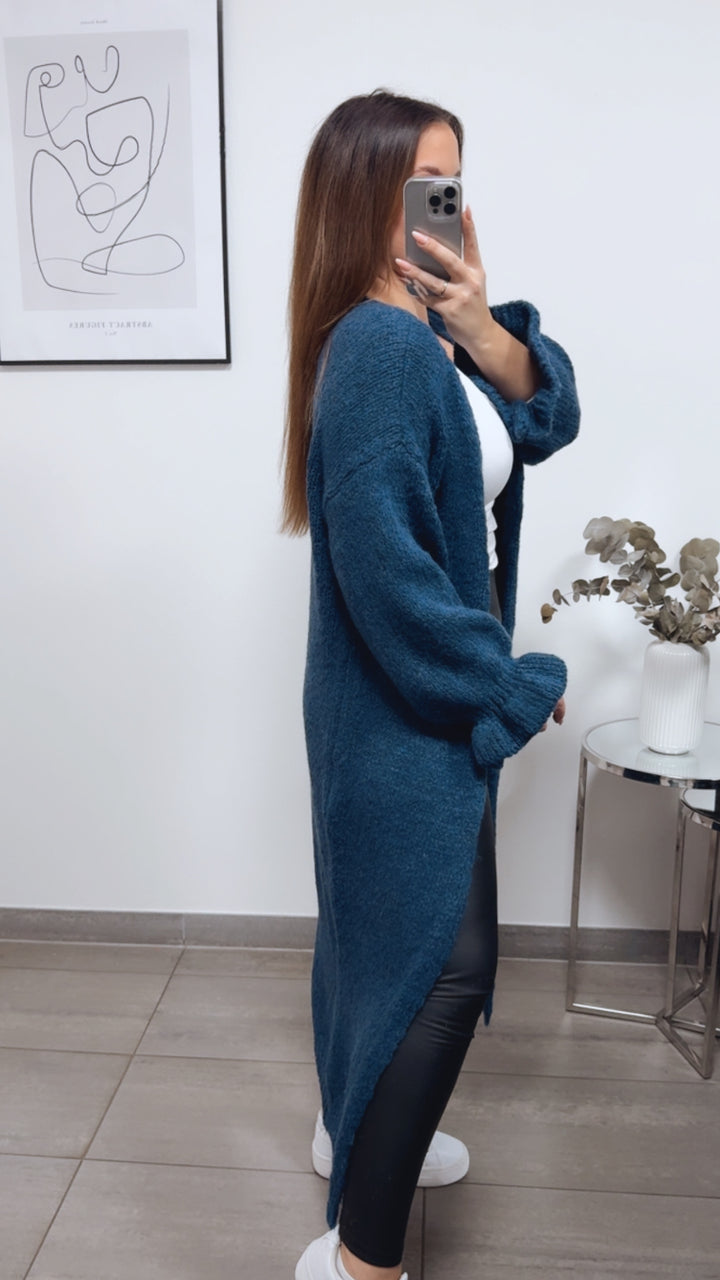 langer Kuschel Cardigan mit Volant Ärmeln / petrol blau Art. 13238